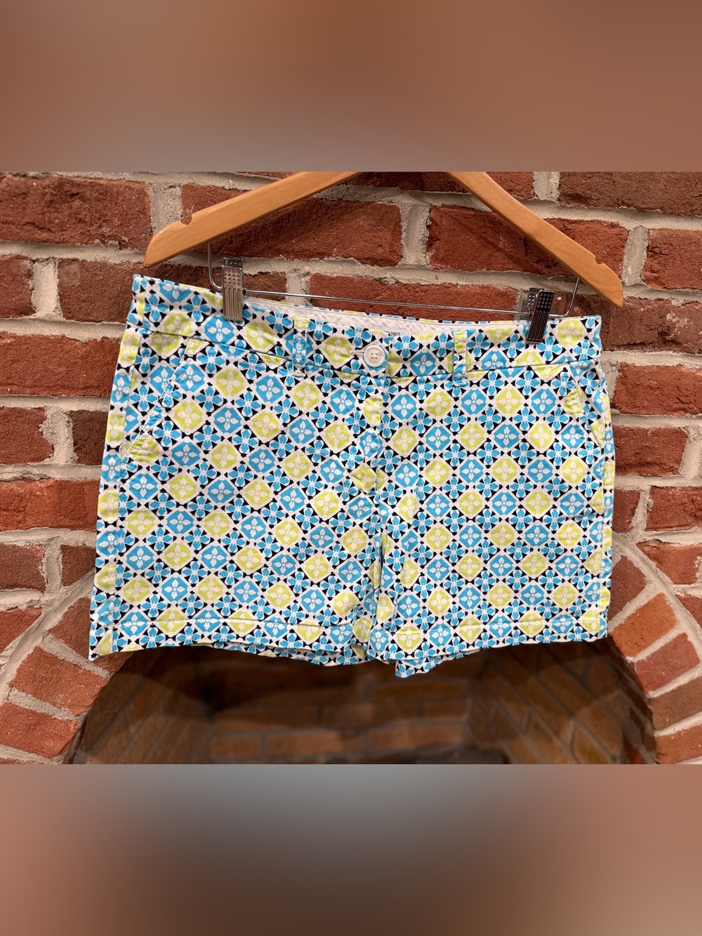 crown & ivy Blue and Lime Geometric Print Cotton Shorts
